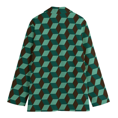 Dark Green Geometric Cube Pattern Print Women's Blazer