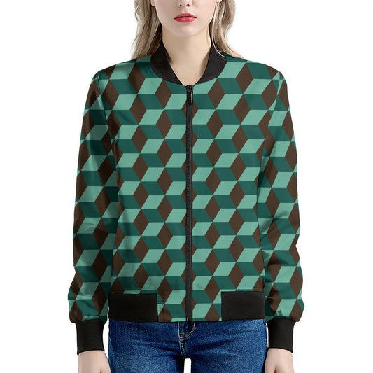 Dark Green Geometric Cube Pattern Print Women's Bomber Jacket