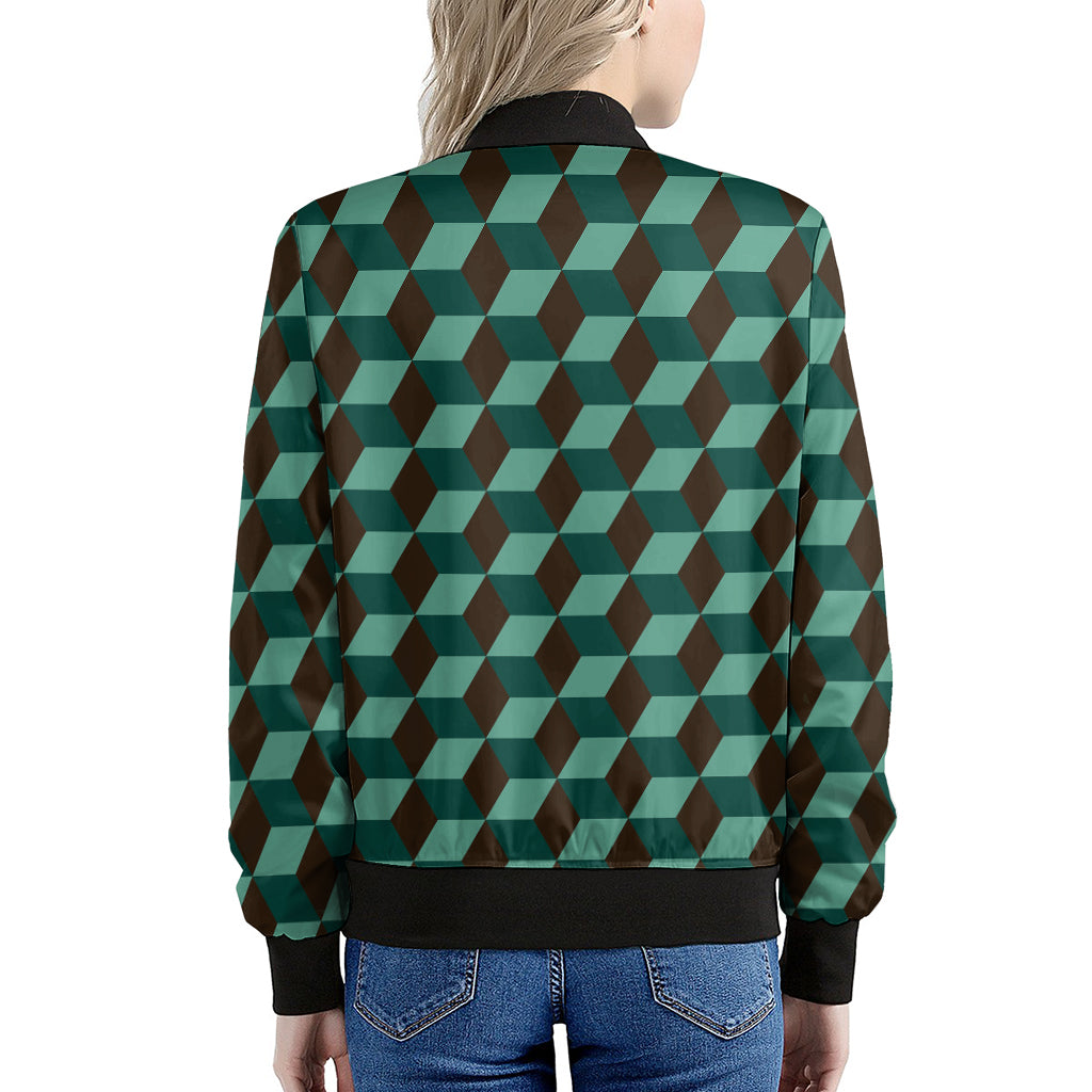 Dark Green Geometric Cube Pattern Print Women's Bomber Jacket