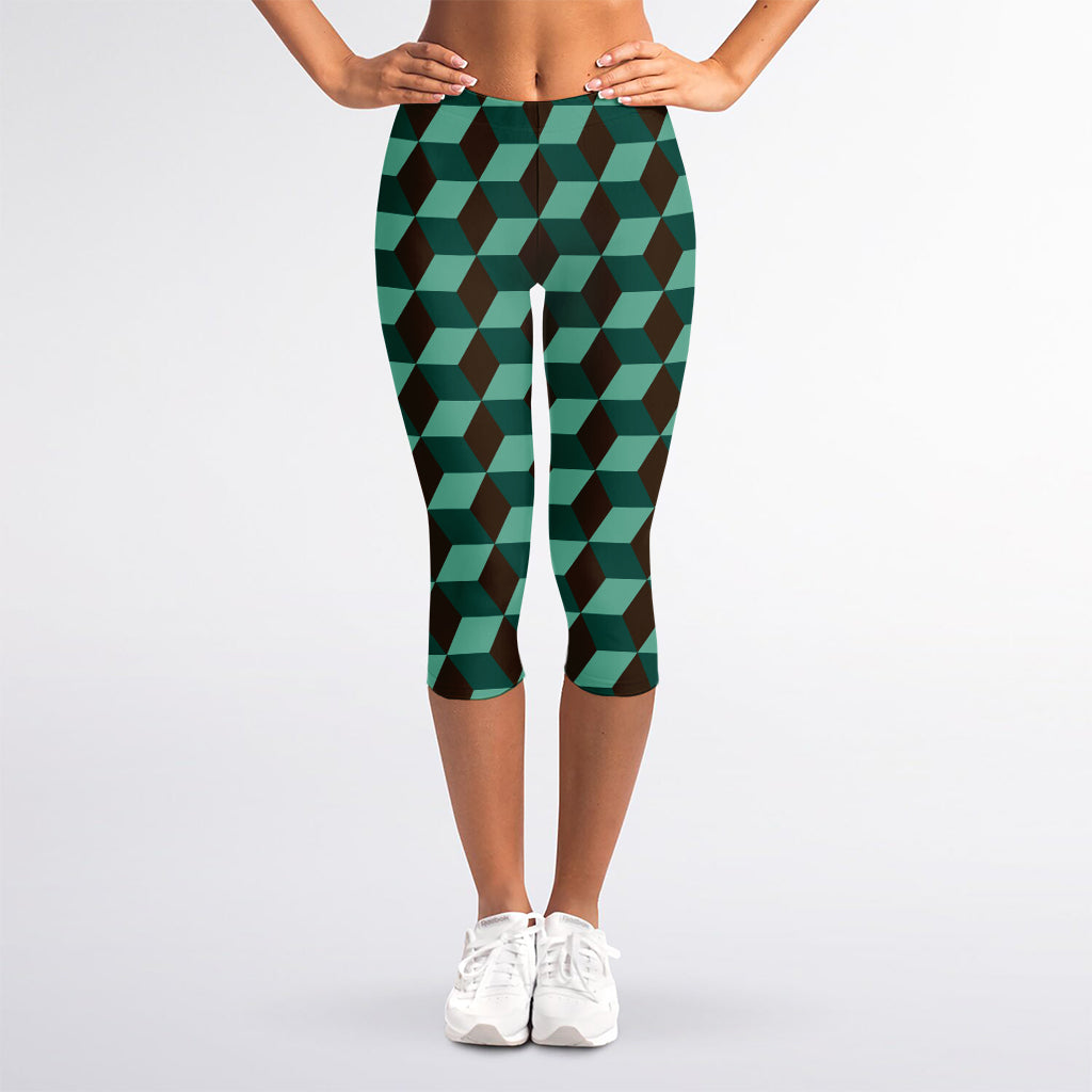 Dark Green Geometric Cube Pattern Print Women's Capri Leggings