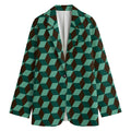 Dark Green Geometric Cube Pattern Print Women's Cotton Blazer