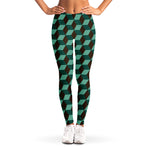 Dark Green Geometric Cube Pattern Print Women's Leggings