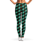 Dark Green Geometric Cube Pattern Print Women's Leggings