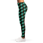 Dark Green Geometric Cube Pattern Print Women's Leggings