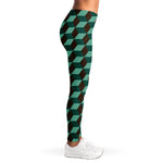 Dark Green Geometric Cube Pattern Print Women's Leggings