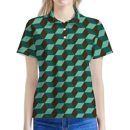 Dark Green Geometric Cube Pattern Print Women's Polo Shirt