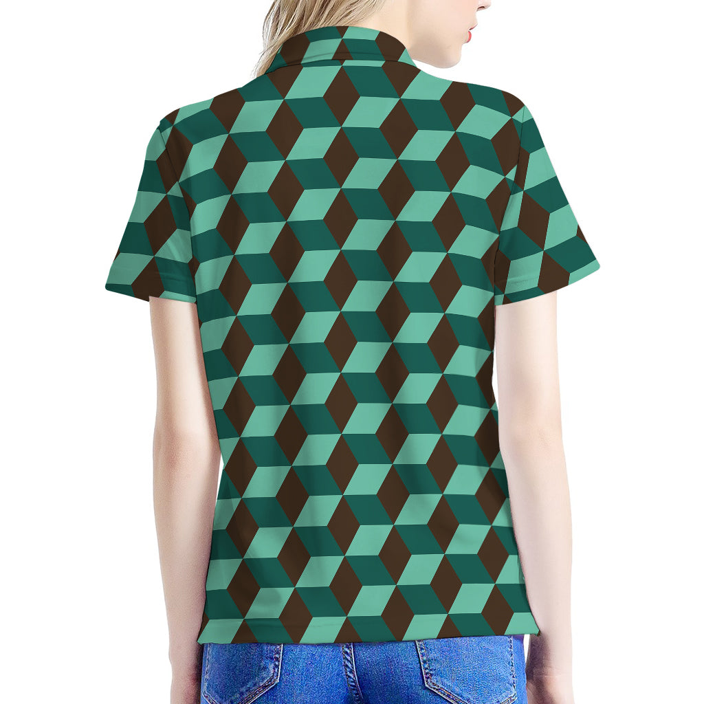 Dark Green Geometric Cube Pattern Print Women's Polo Shirt