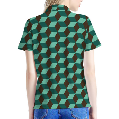 Dark Green Geometric Cube Pattern Print Women's Polo Shirt