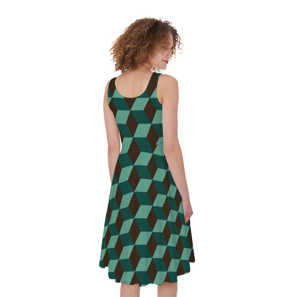 Dark Green Geometric Cube Pattern Print Women's Sleeveless Dress