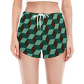 Dark Green Geometric Cube Pattern Print Women's Split Running Shorts