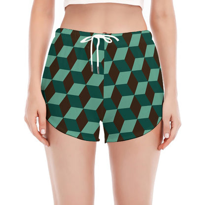 Dark Green Geometric Cube Pattern Print Women's Split Running Shorts