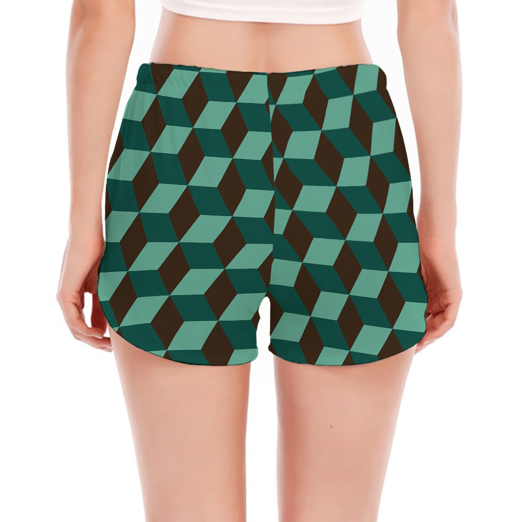 Dark Green Geometric Cube Pattern Print Women's Split Running Shorts