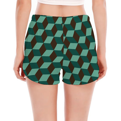 Dark Green Geometric Cube Pattern Print Women's Split Running Shorts