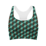 Dark Green Geometric Cube Pattern Print Women's Sports Bra