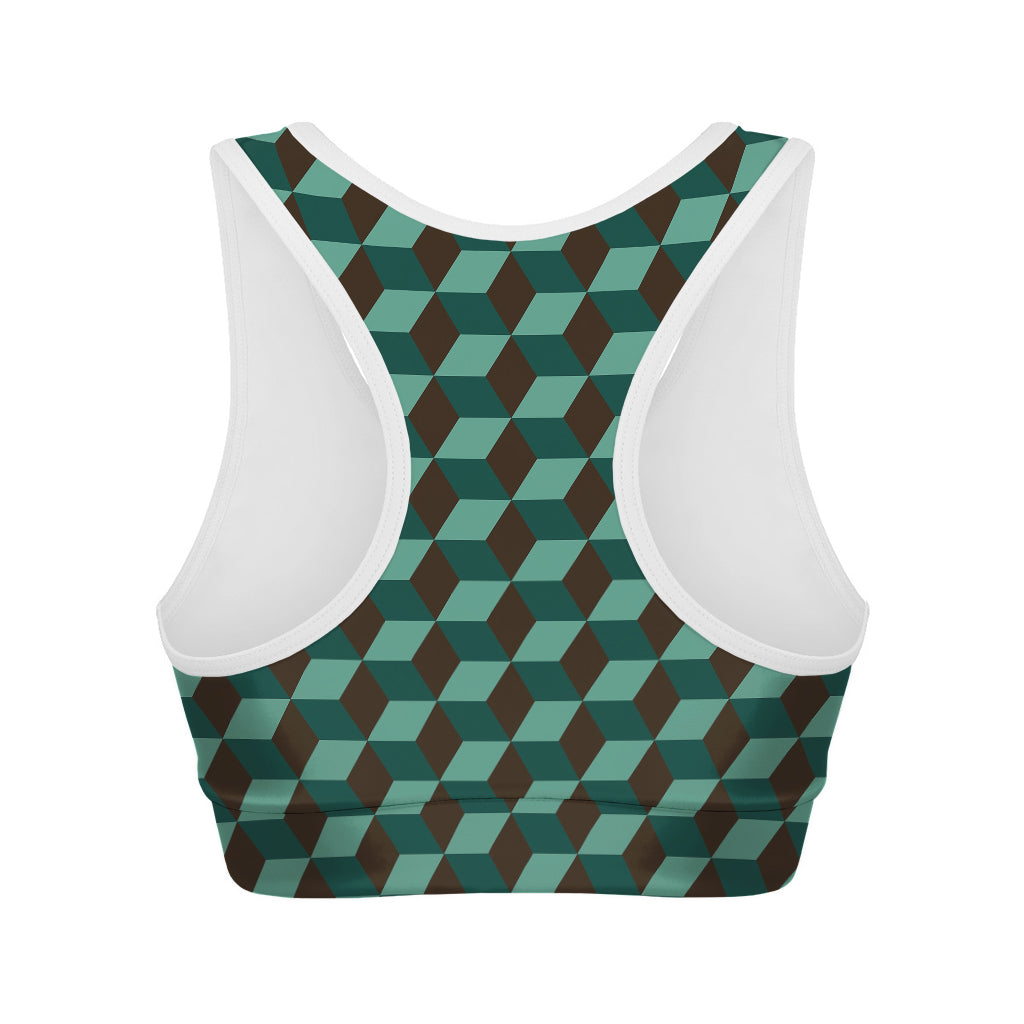 Dark Green Geometric Cube Pattern Print Women's Sports Bra