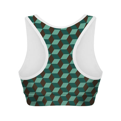 Dark Green Geometric Cube Pattern Print Women's Sports Bra