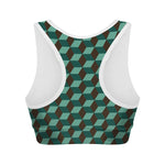 Dark Green Geometric Cube Pattern Print Women's Sports Bra