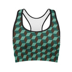 Dark Green Geometric Cube Pattern Print Women's Sports Bra