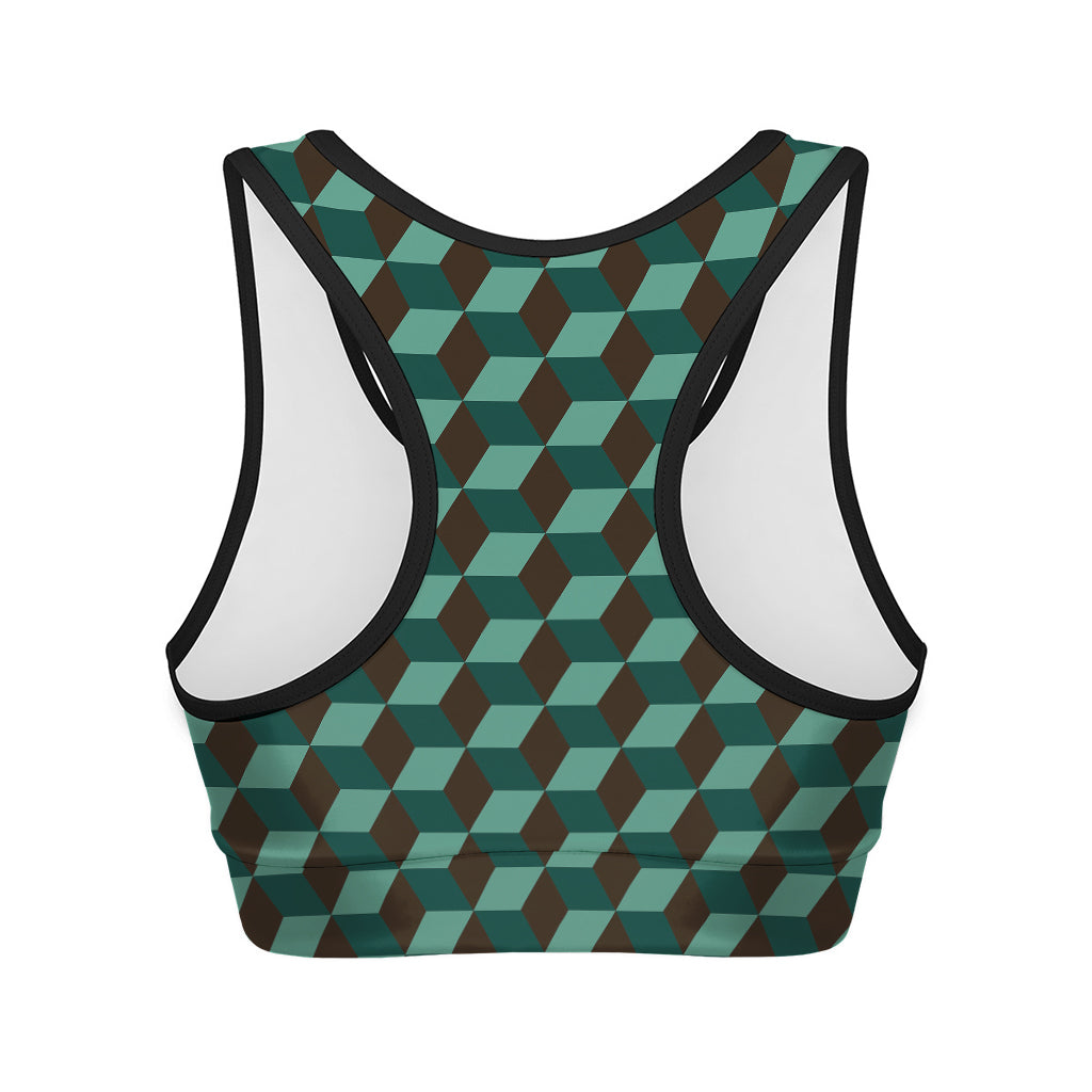 Dark Green Geometric Cube Pattern Print Women's Sports Bra