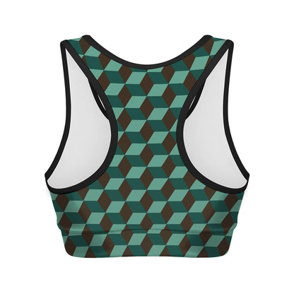 Dark Green Geometric Cube Pattern Print Women's Sports Bra
