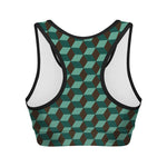 Dark Green Geometric Cube Pattern Print Women's Sports Bra