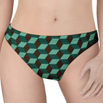 Dark Green Geometric Cube Pattern Print Women's Thong