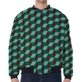 Dark Green Geometric Cube Pattern Print Zip Sleeve Bomber Jacket