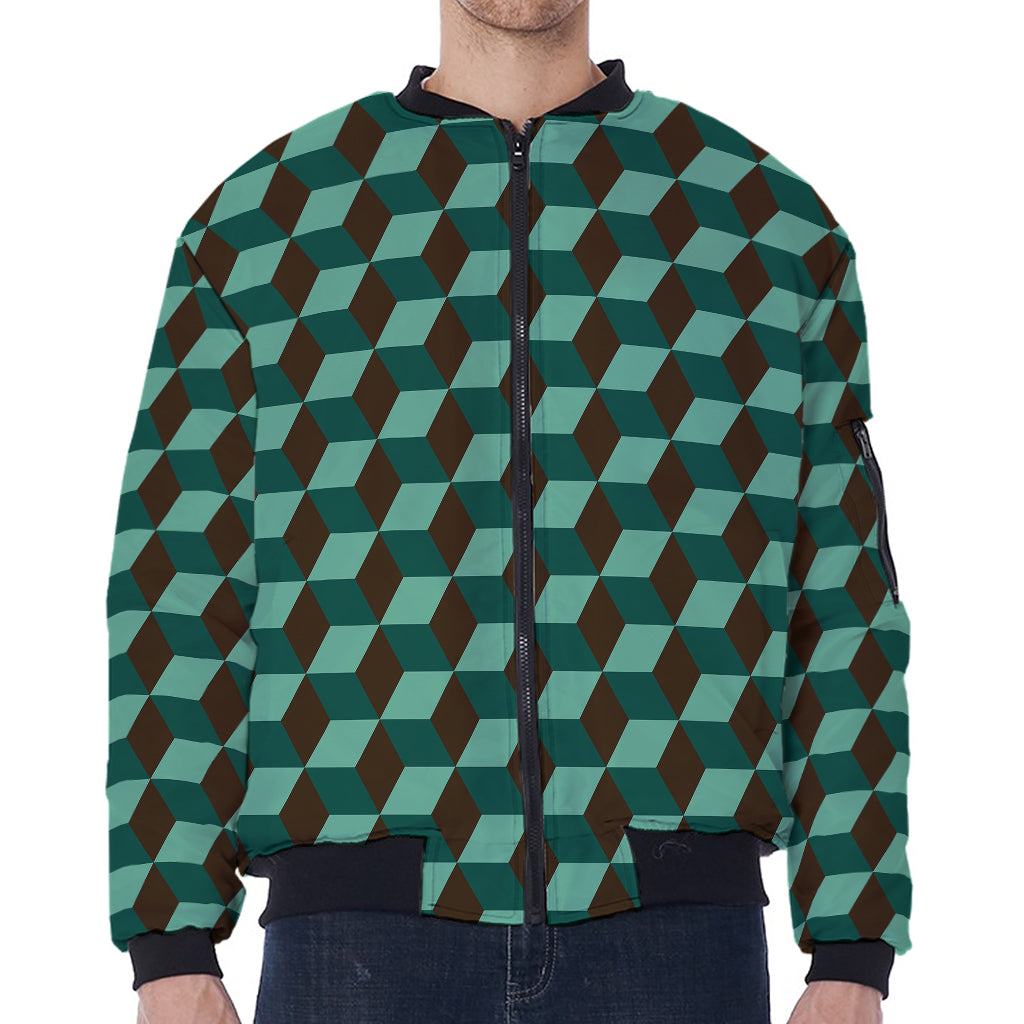 Dark Green Geometric Cube Pattern Print Zip Sleeve Bomber Jacket