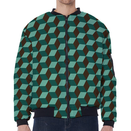 Dark Green Geometric Cube Pattern Print Zip Sleeve Bomber Jacket