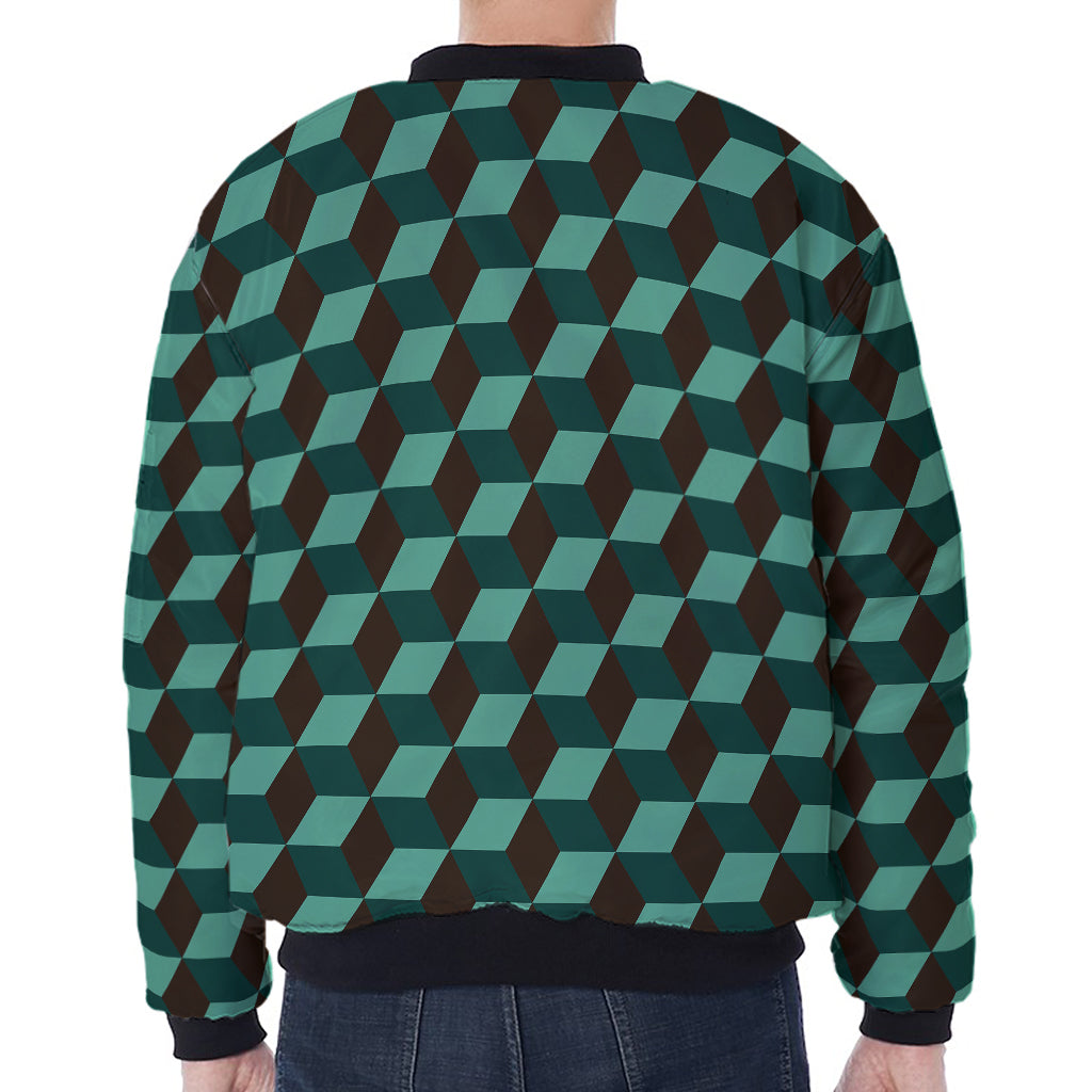 Dark Green Geometric Cube Pattern Print Zip Sleeve Bomber Jacket