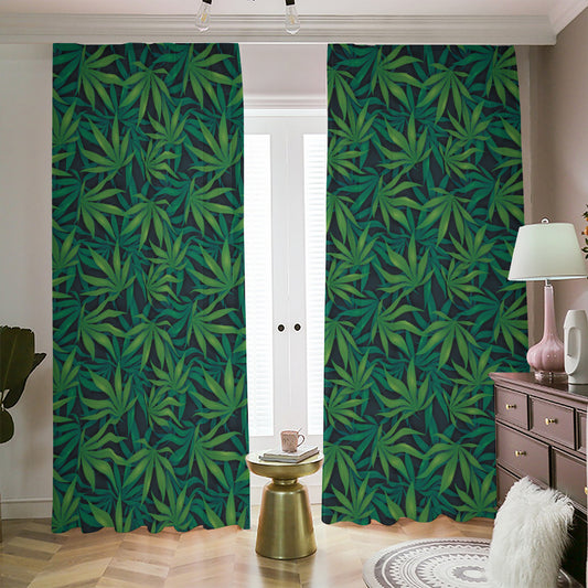 Dark Green Hemp Pattern Print Blackout Pencil Pleat Curtains
