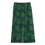 Dark Green Hemp Pattern Print Cotton Front Slit Maxi Skirt
