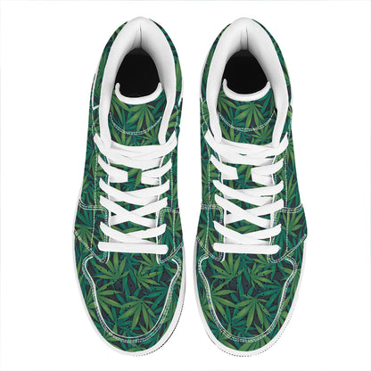 Dark Green Hemp Pattern Print High Top Leather Sneakers