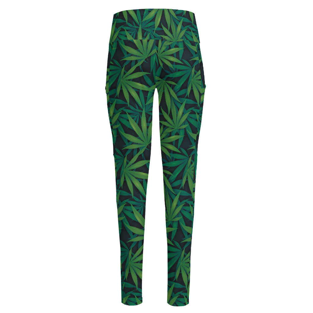 Dark Green Hemp Pattern Print High-Waisted Pocket Leggings
