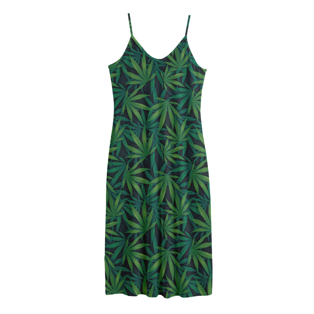 Dark Green Hemp Pattern Print Jersey Midi Cami Dress