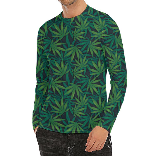 Dark Green Hemp Pattern Print Men's Long Sleeve Rash Guard