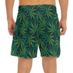Dark Green Hemp Pattern Print Men's Split Running Shorts