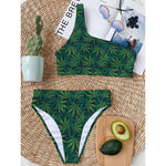 Dark Green Hemp Pattern Print One Shoulder Bikini Top