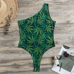 Dark Green Hemp Pattern Print One Shoulder Bodysuit