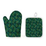 Dark Green Hemp Pattern Print Oven Mitt And Pot Holder Set