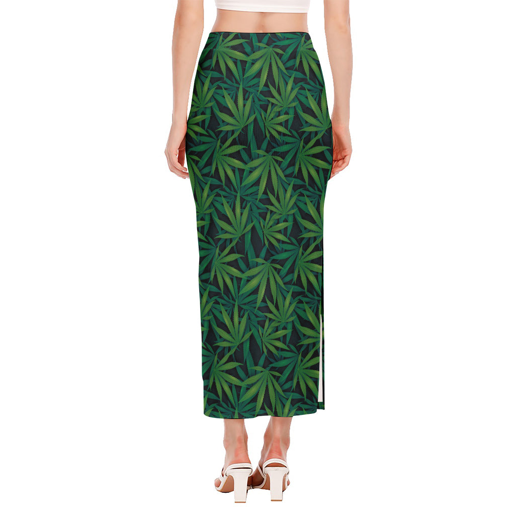 Dark Green Hemp Pattern Print Side Slit Maxi Skirt