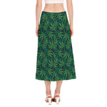Dark Green Hemp Pattern Print Side Slit Midi Skirt