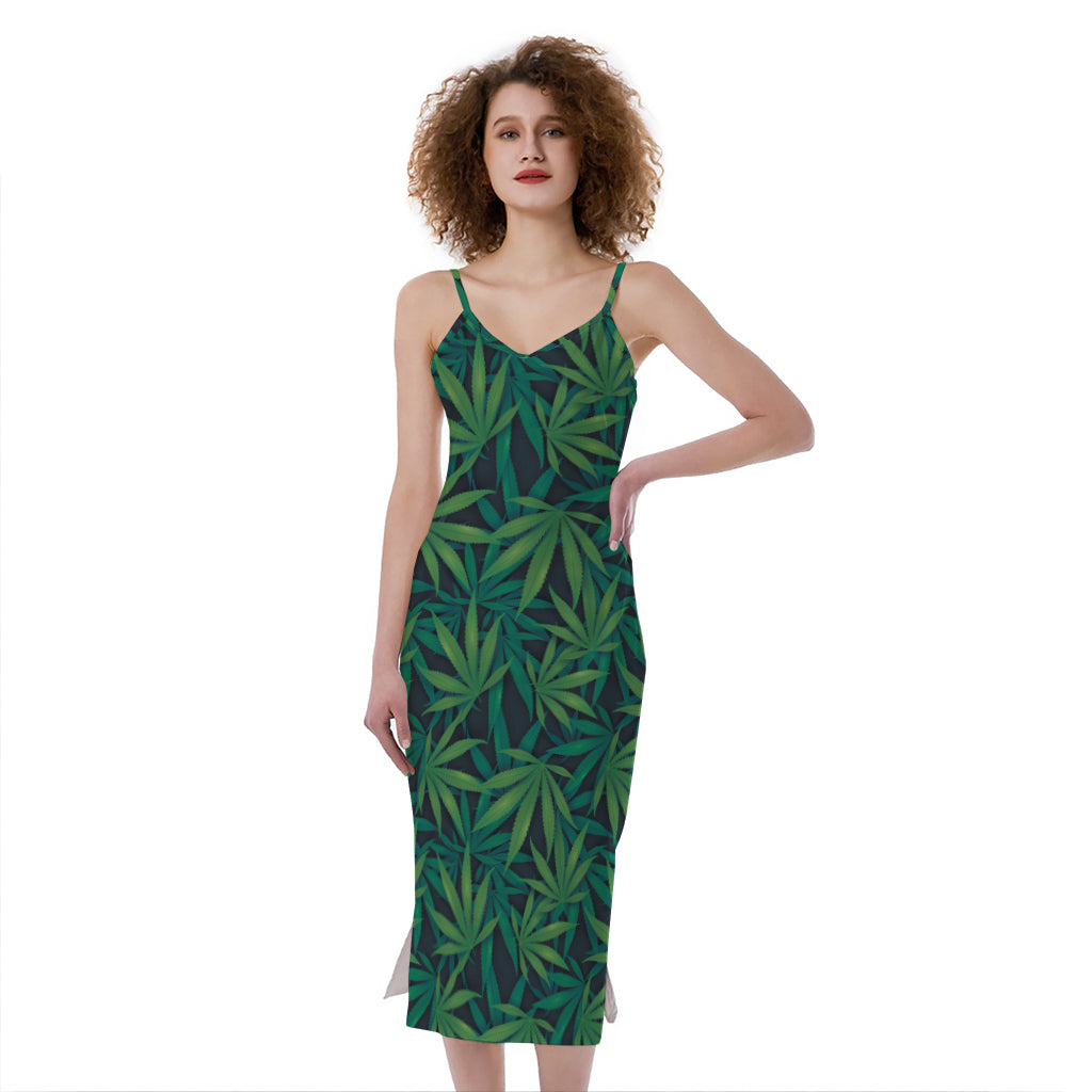 Dark Green Hemp Pattern Print Slim Fit Midi Cami Dress