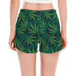 Dark Green Hemp Pattern Print Women's Split Running Shorts