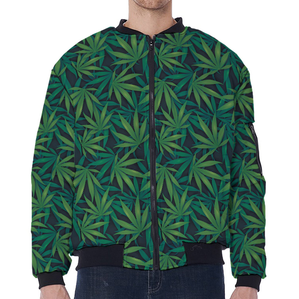 Dark Green Hemp Pattern Print Zip Sleeve Bomber Jacket