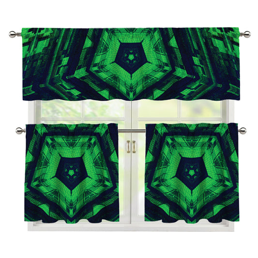 Dark Green Kaleidoscope Print 3 Piece Kitchen Curtains
