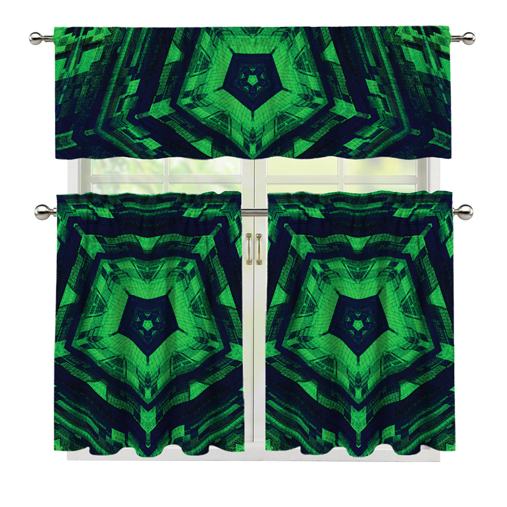 Dark Green Kaleidoscope Print 3 Piece Kitchen Curtains