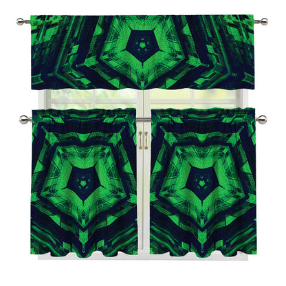 Dark Green Kaleidoscope Print 3 Piece Kitchen Curtains