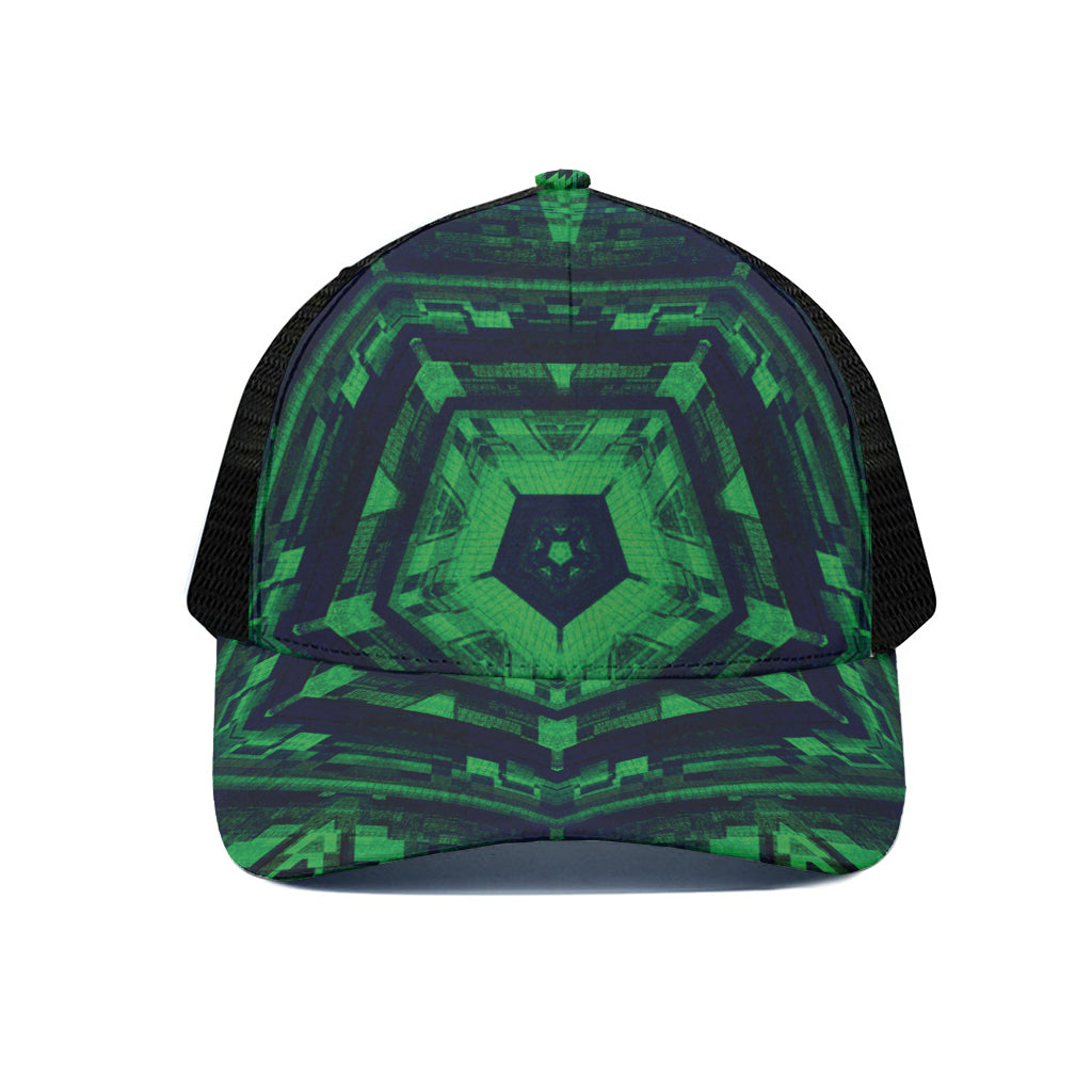 Dark Green Kaleidoscope Print Black Mesh Trucker Cap