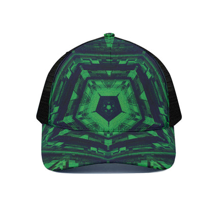 Dark Green Kaleidoscope Print Black Mesh Trucker Cap